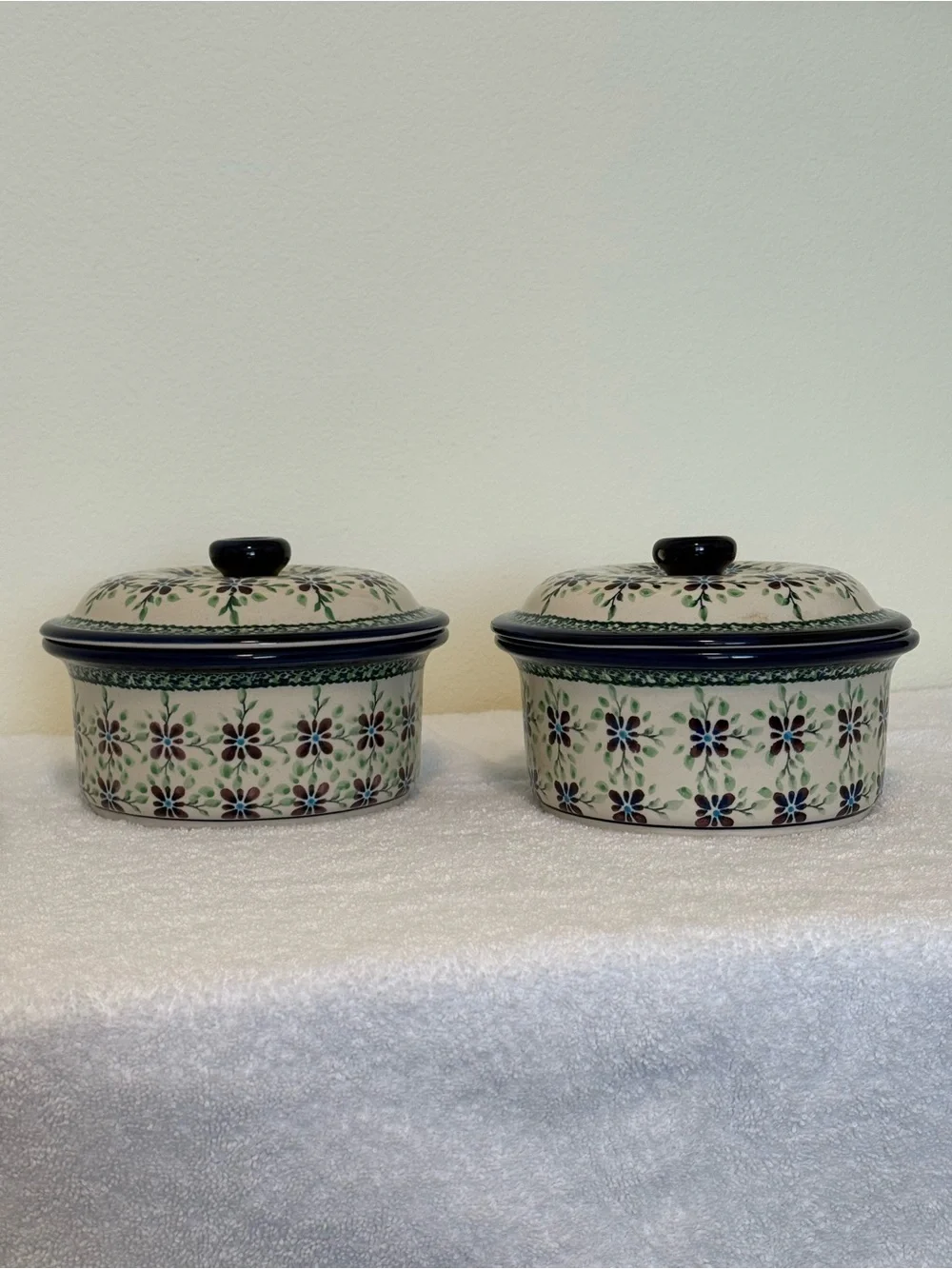 Polish Pottery Hand-Painted Floral 8” Covered Baking Dishes - Set of 2